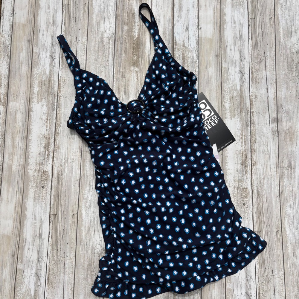 Coco‎ Reef Swimdress 32C Navy Blue NWT Ruched Underwire Ruffle Swimsuit Slimming